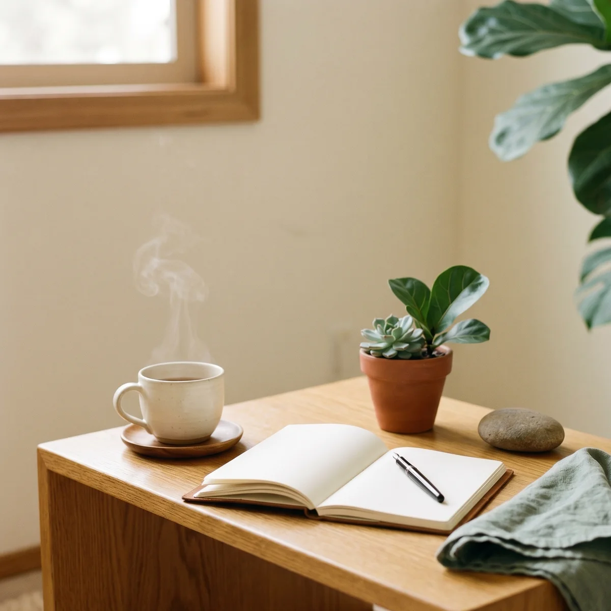 A handmade ceramic cup with steam rising, an open notebook with a pen, a small fiddle-leaf and succulent, and a folded sage-green linen cloth on a warm wooden table by a sunlit window